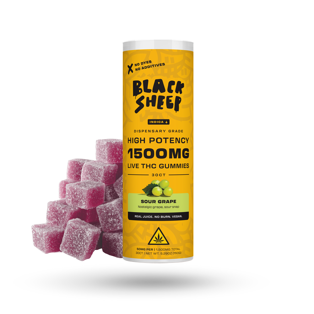 Black Sheep Sour Grape THC Gummies, Indica, 30-count, bright purple gummies with sour coating on a white background