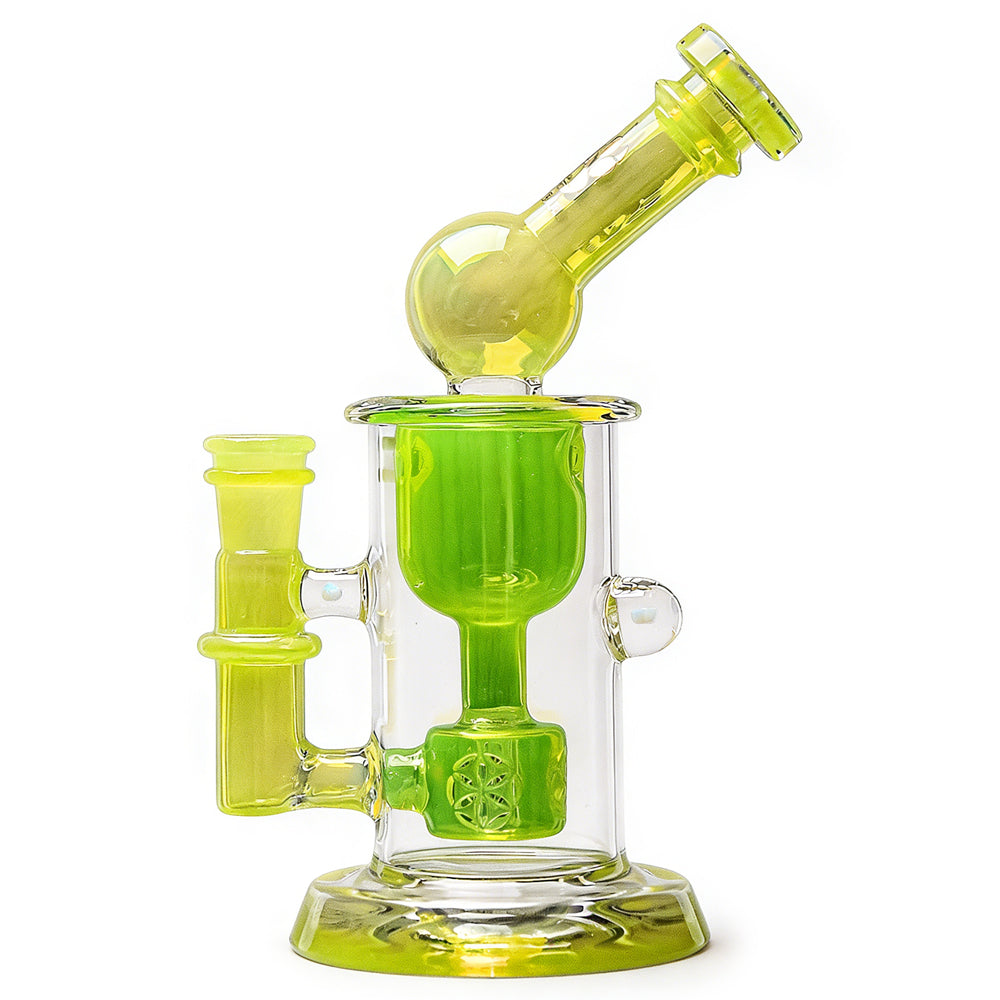 CaliBear Calibear Kickback Opal Incyler Dab Rig with yellow and clear glass design, featuring intricate details and a sturdy base.