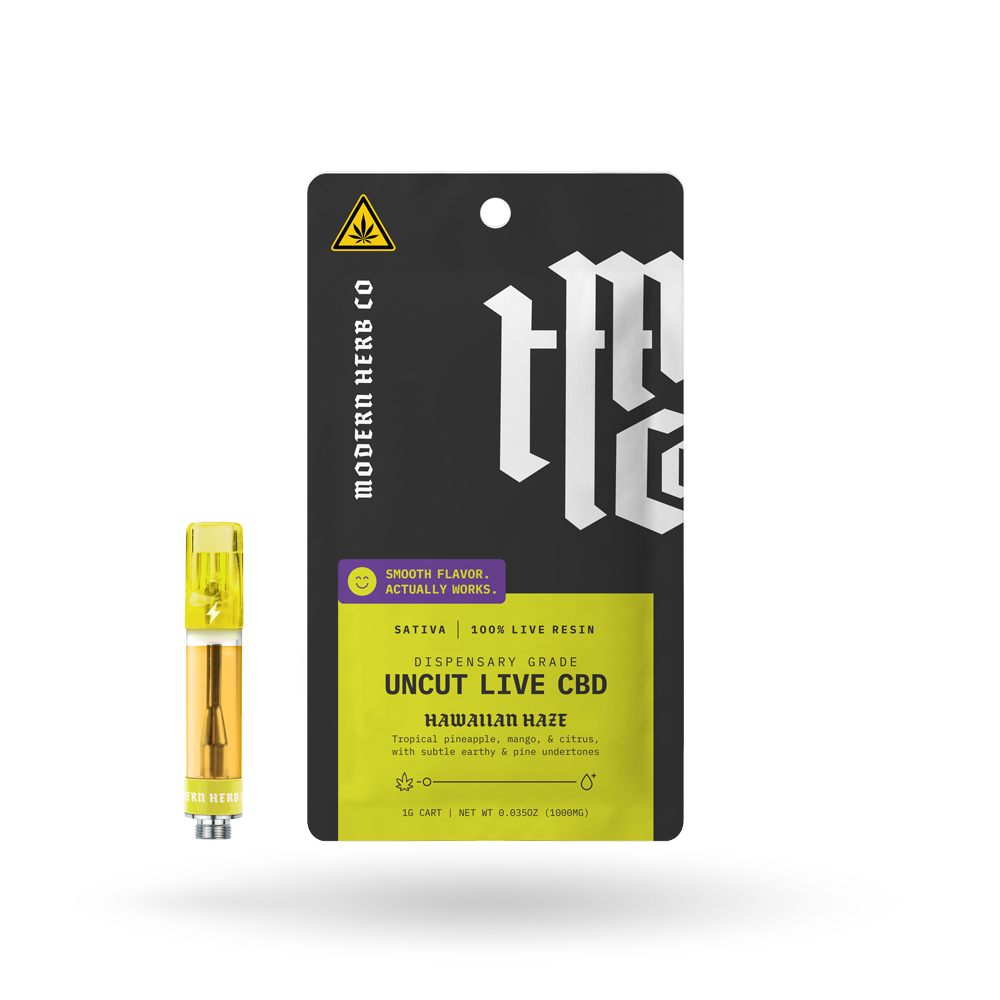 Live CBD Uncut Vape Cartridge by Modern Herb Co, Hawaiian Haze Sativa 1g, showing the clear vape cartridge filled with CBD oil.