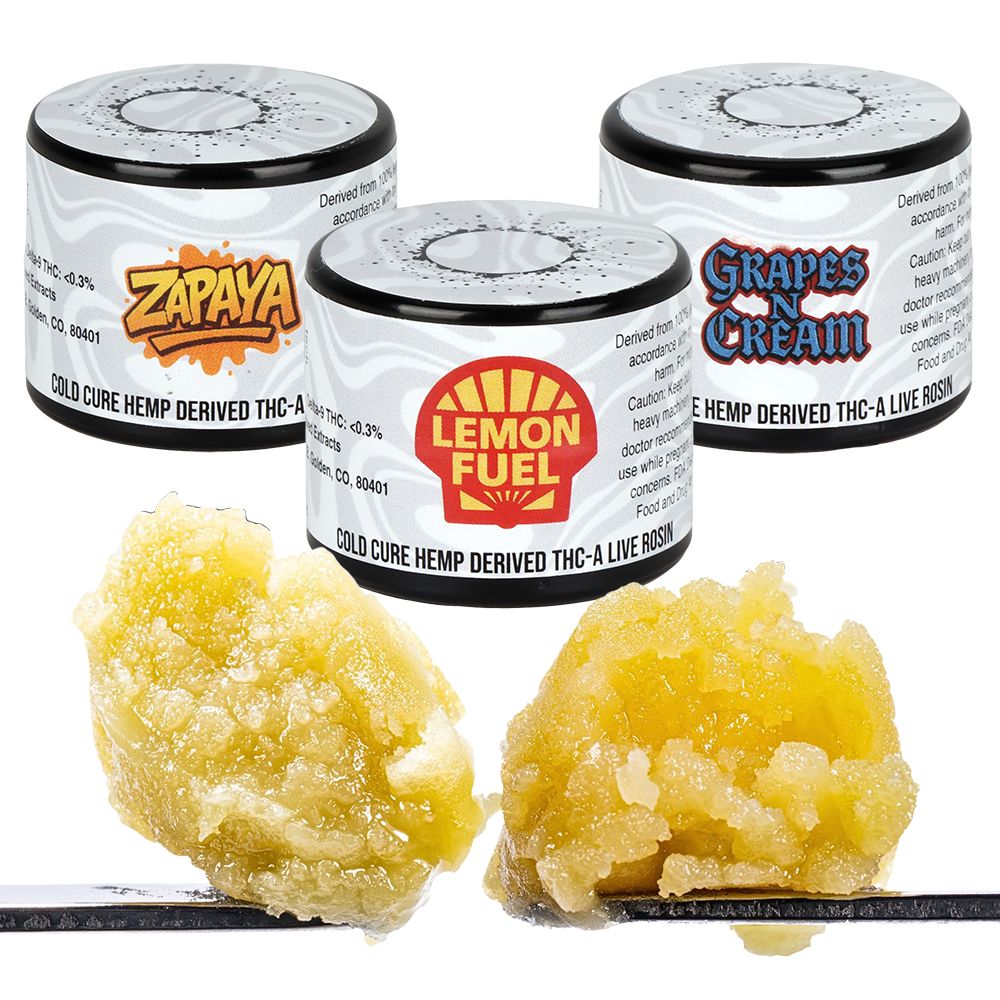 THCA Cold Cure Live Rosin by Rosin Tech Labs, 1g per pack, 10-pack, with golden-colored concentrate in a clear container.