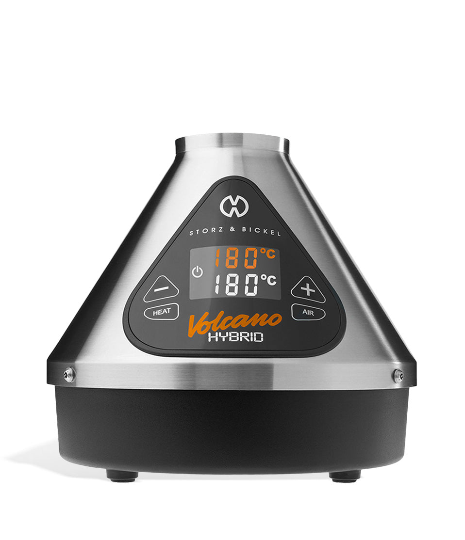 Storz & Bickel Hybrid Volcano Silver Dry Herb Vaporizer with digital controls and sturdy design for aromatic vaporization.
