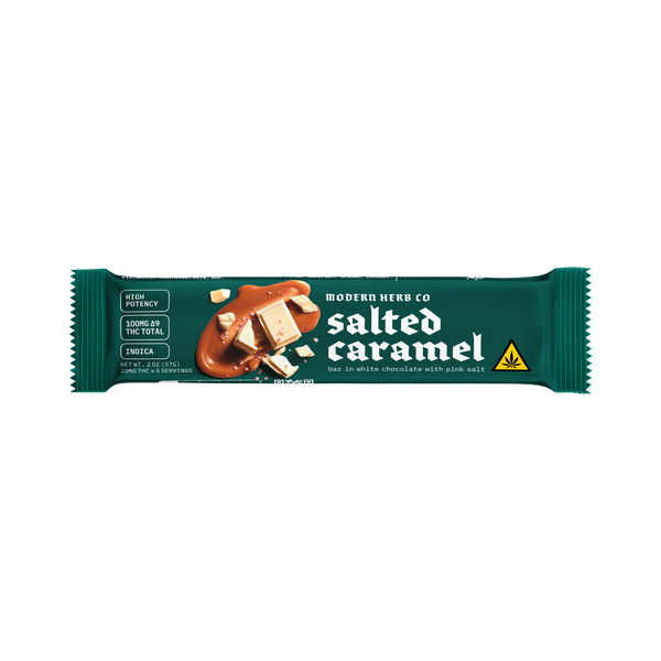 White chocolate caramel bar with Himalayan salt by Modern Herb Co, featuring a smooth white chocolate coating and salted caramel filling.