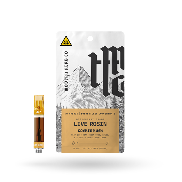 Modern Herb Co THCa Rosin Vape Cartridge with Kosher Kush hybrid strain, 1g, front view showing branding and clear cartridge design.