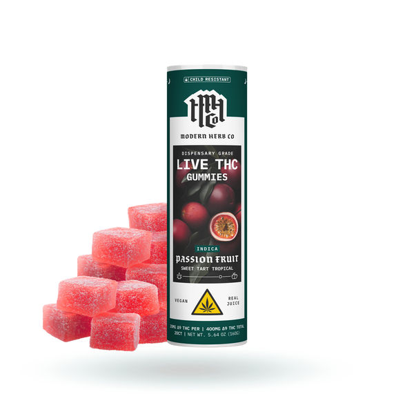 Modern Herb Co Passion Fruit Live Resin D9 THC Gummies 20-count tube with colorful label and gummy candies visible.