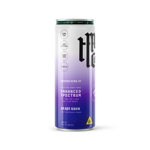 Modern Herb Co Enhanced Spectrum THC Grape Kush craft soda cans, 12oz, Indica beverage with grape flavor, 4-pack.