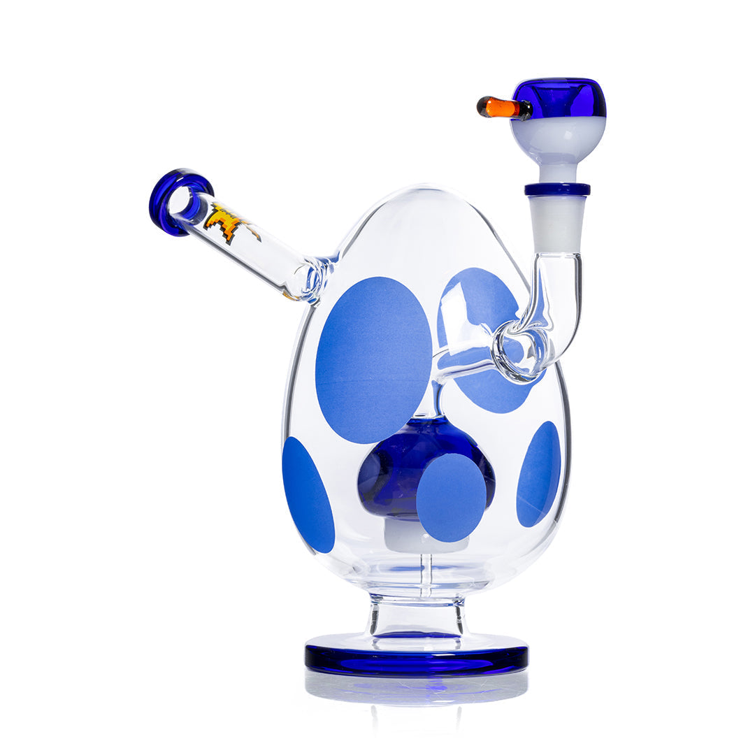 HEMPER Spotted Egg XL Bong, 9-inch blue waterpipe with a rounded egg shape and intricate spotted design on a white background