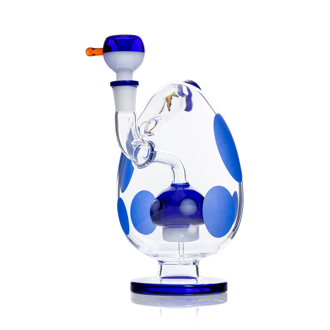 HEMPER Spotted Egg XL Bong, 9-inch blue waterpipe with spotted design, viewed from an angle on a white background.
