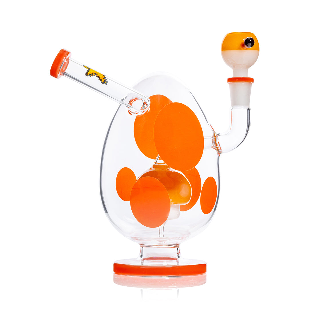 HEMPER Spotted Egg XL Bong, 9-inch orange waterpipe with spotted design, clear glass body, and sturdy base.