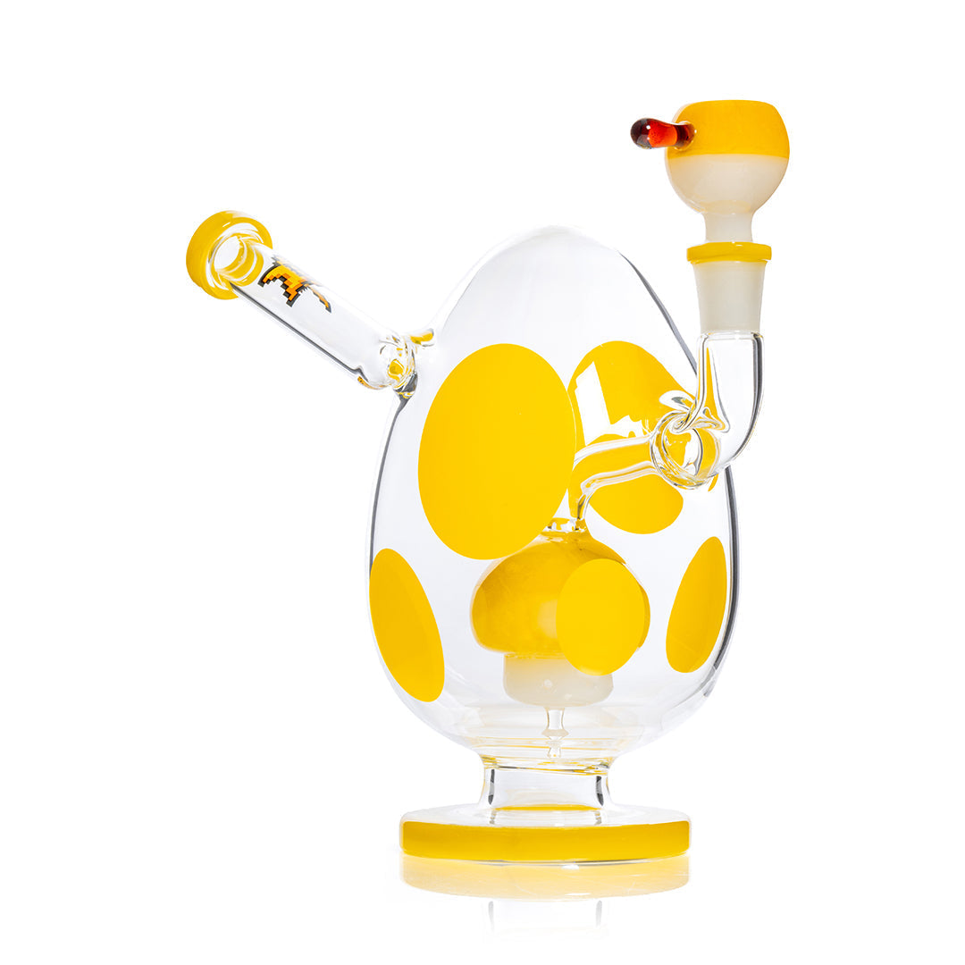 HEMPER Spotted Egg XL Bong 9-inch yellow water pipe with spotted design, clear glass accents, on white background.