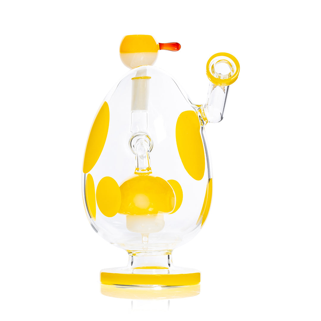 Hemper Spotted Egg XL Bong, 9-inch yellow water pipe with a spotted pattern, glass construction, and sturdy base.