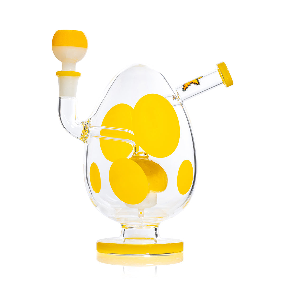 HEMPER Spotted Egg XL Bong, 9-inch yellow waterpipe with black spotted design, clear glass base and mouthpiece.