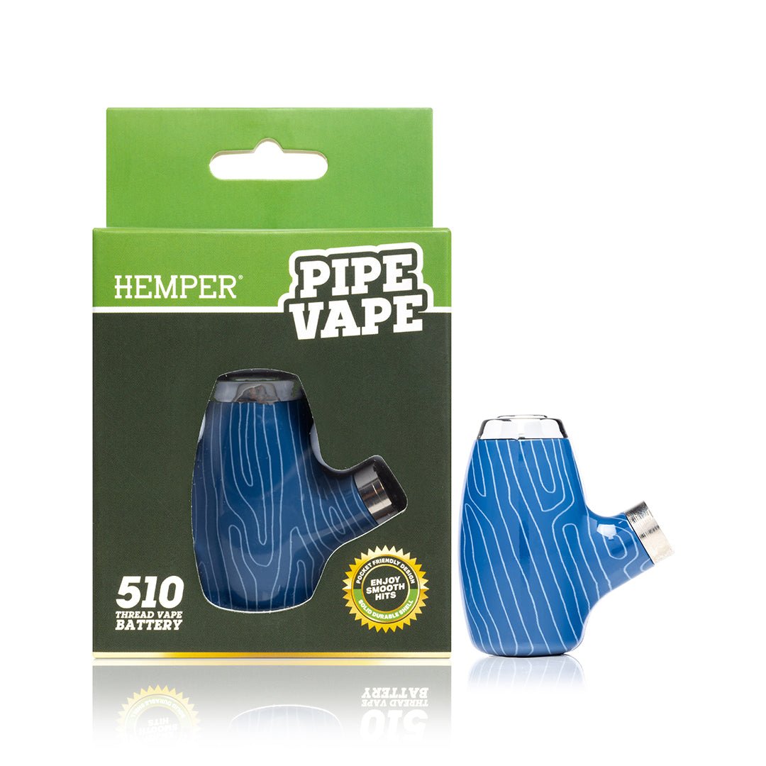 Blue HEMPER Pipe Vape Battery with packaging, featuring wood design and box, for vaporizer use.