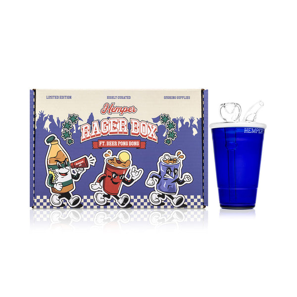 HEMPER Beer Pong Bong 5.9-inch waterpipe with solo cup design, clear glass and box, for fun drinking games and smoking sessions.