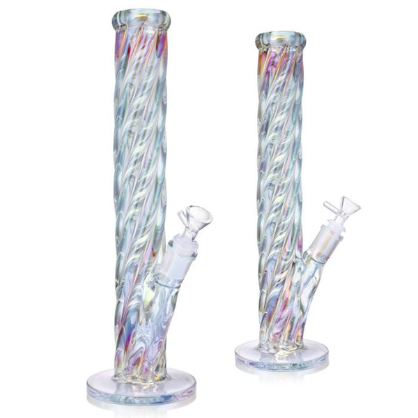 16-inch straight glass bong with iridescent finish by 1Stop Glass, showcasing a sleek design and vibrant, shimmering glass surface.