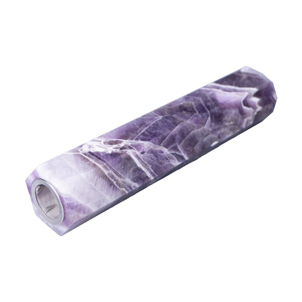 Astral Project Tower One Hitter made of amethyst, featuring a sleek, polished purple stone design for discreet herbal vaporization.