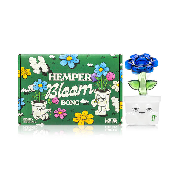 HEMPER Bloom Bong with clear glass body and colorful floral design, displayed on a white background.