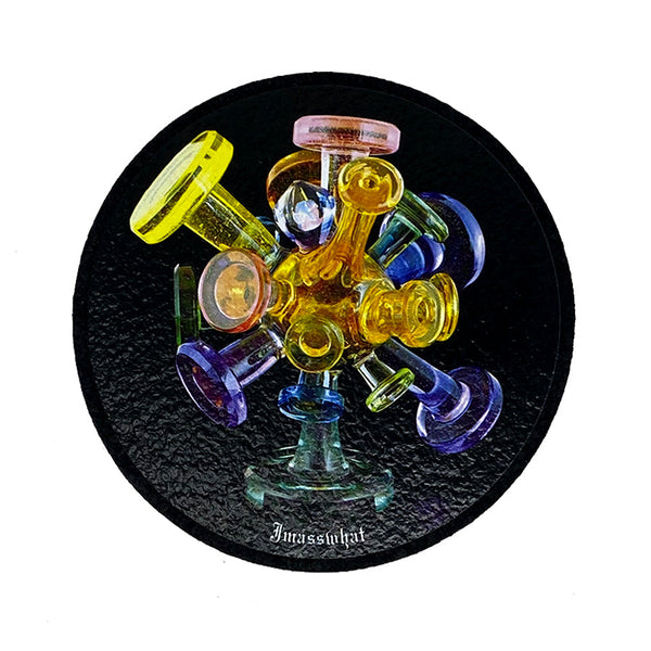 Clear glass coaster with Mood Mats branding, featuring a sleek JMass design on a smooth surface.