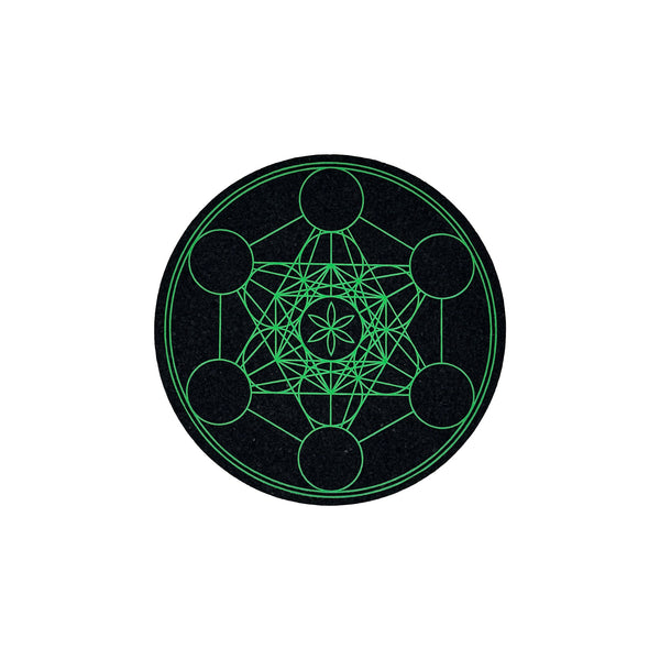 Green Metatron 5 coaster by Mood Mats featuring a vibrant geometric Metatron symbol on a durable surface.