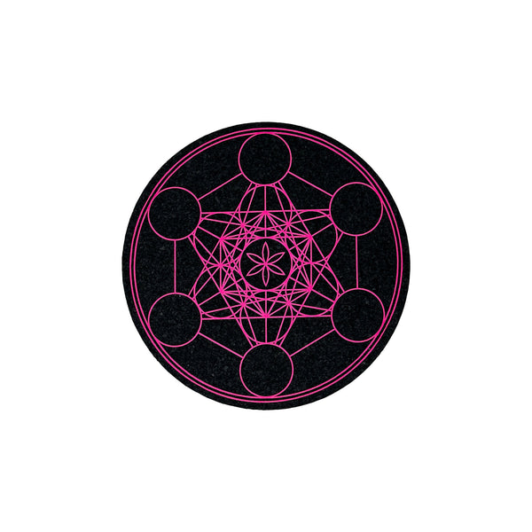 Pink Metatron 5 coaster by Mood Mats featuring a vibrant geometric design on a smooth surface.
