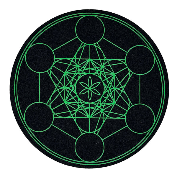 Green Metatron 11.11 coaster by Mood Mats featuring intricate geometric design on a durable surface.