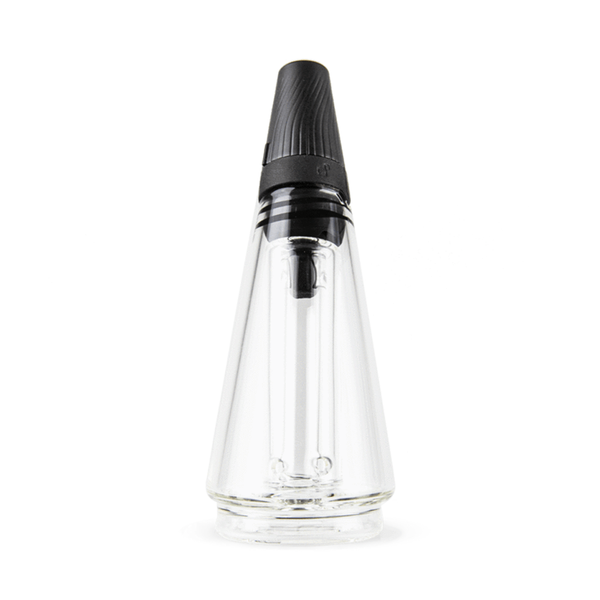Puffco Peak Travel Glass accessory showing clear glass piece with mouthpiece and connection joints for portable vaporizer.