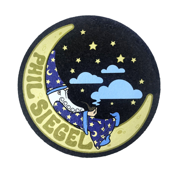 Moon Wizard coaster by Mood Mats featuring a celestial sky design with a whimsical wizard figure in vibrant colors.