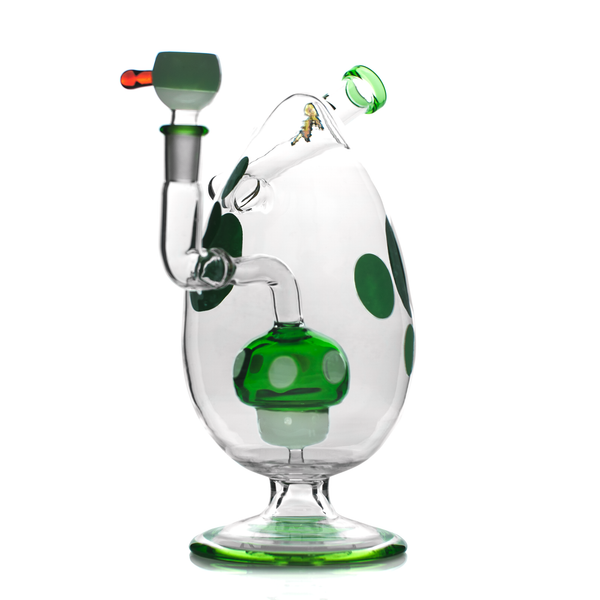 Green HEMPER Spotted Egg XL Bong, 9-inch water pipe with a unique spotted design, viewed from an angled side.