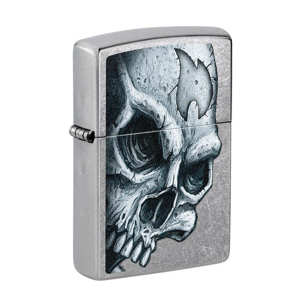 Zippo Chrome Lighter with street skull design, featuring a sleek chrome finish and detailed skull artwork.