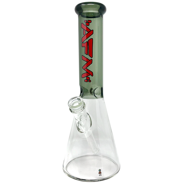 12-inch AFM Smoke colored glass beaker bong with extraterrestrial design, featuring a durable glass sleeve for smooth smoking.