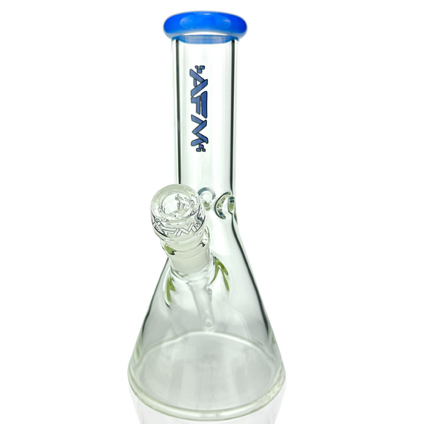 10-inch AFM Smoke glass beaker bong with colorful accents, classic design, and durable construction for smooth smoking sessions.