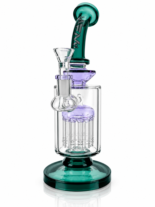 Teal and lilac glass dab rig with double color arm, featuring a recycler bong design by AFM Smoke, 9-inch size.