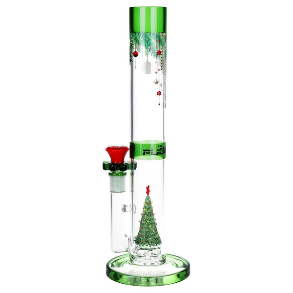 Pulsar Christmas Tree Perc glass straight tube water pipe by Gift Guru, 13 inches tall with 14mm F joint, featuring a festive tree Perc design.