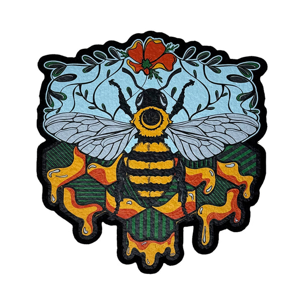 Mood Mats Windstar Bee coaster featuring a vibrant bee design on a circular cork surface for tabletop protection.