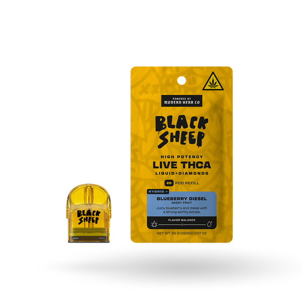 Black Sheep Liquid Diamonds Pod Refill Blueberry Diesel Hybrid 2g, featuring a sleek pod design and vibrant blue packaging.