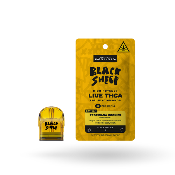 Black Sheep Liquid Diamonds Tropicana Cookies Sativa pod refill, 2g, featuring a sleek black and colorful design on the packaging.