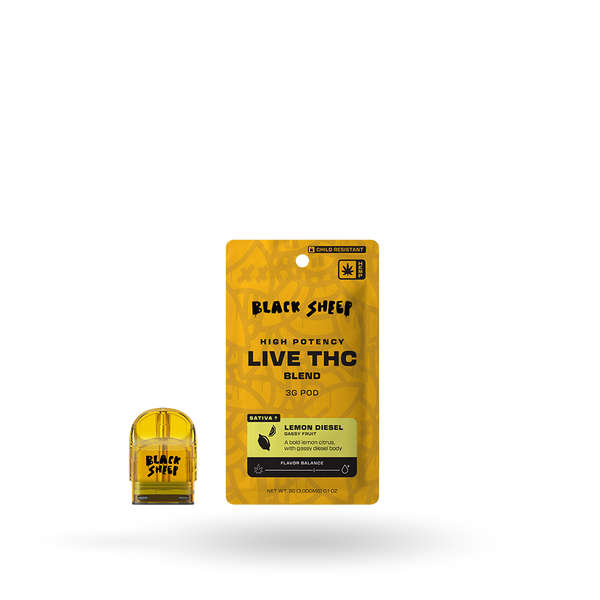 Black Sheep Live THC Blend Pod Refill in Lemon Diesel flavor, 3g, featuring fresh cannabis extract in a portable pod refill.