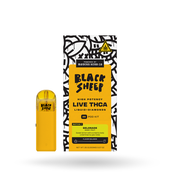 Black Sheep Liquid Diamonds Gelonade Sativa Pod Kit with 2g of cannabis oil and a sleek pod starter design.