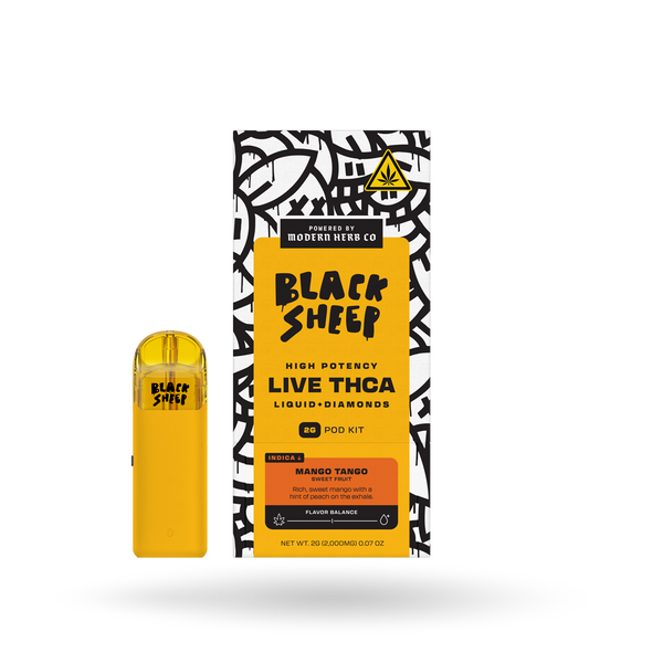 Black Sheep Liquid Diamonds Mango Tango Indica 2g pod starter kit with sleek design and colorful packaging.