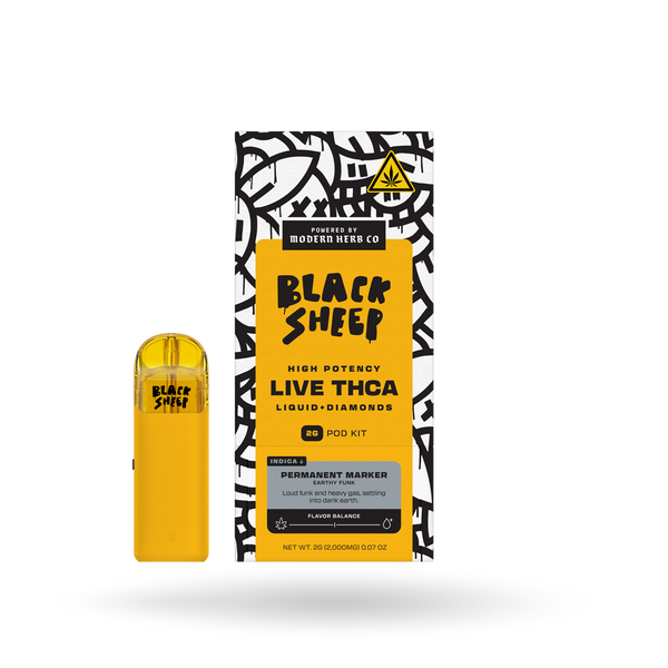 Black Sheep Liquid Diamonds Pod Kit with Permanent Marker Indica 2g, compact starter kit for vaporizer use.