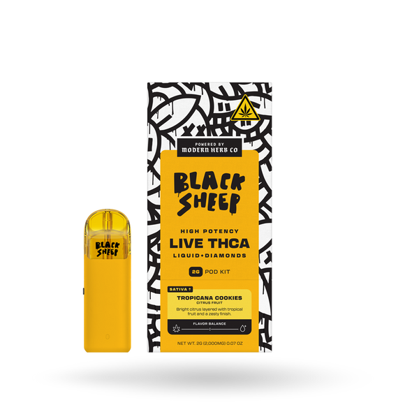Black Sheep Liquid Diamonds Tropicana Cookies sativa pod starter kit with 2g of cannabis extract and pod device.