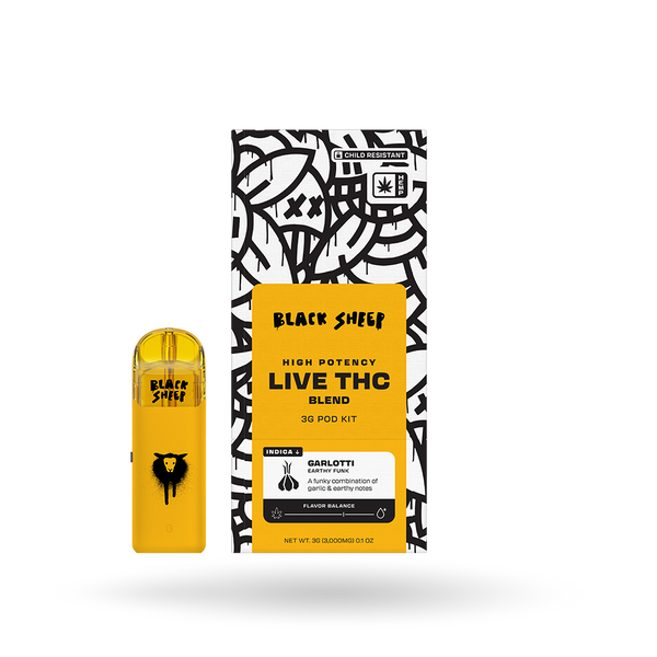 Black Sheep Live THC Blend Pod Starter Kit with Garlotti 3g, featuring a sleek pod device with colorful branding and refillable pods.