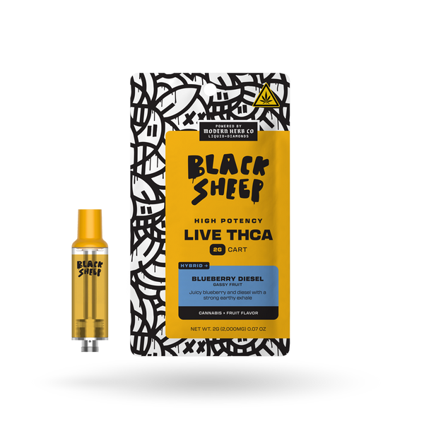 Black Sheep Liquid Diamonds Blueberry Diesel hybrid vape cartridge 2g with clear glass and blue branding on the label