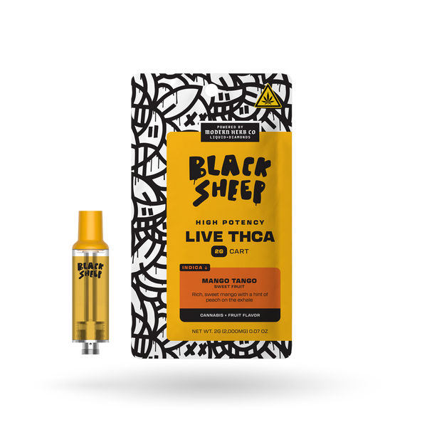 Black Sheep Liquid Diamonds Mango Tango Indica vape cartridge, 2g, showing the black and gold design on the cartridge.