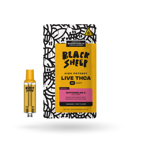 Black Sheep Liquid Diamonds Watermelon Z Indica vape cartridge, 2g, with colorful watermelons and cannabis design on the label.
