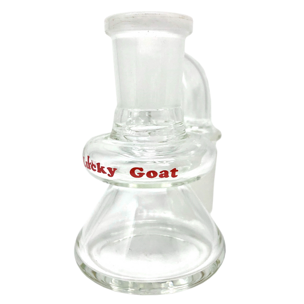 AFM Smoke Lucky Goat clear glass ash catcher, 3-inch dry attachment with 14mm and 18mm male fittings for water pipes.