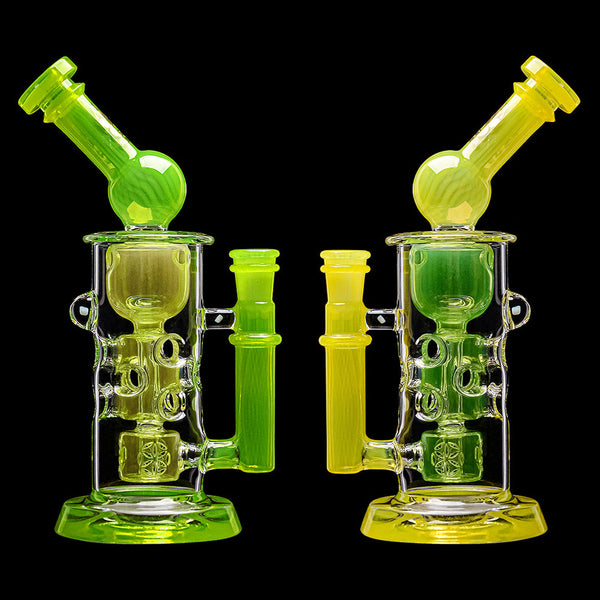 CaliBear Seed of Life Swiss Incycler Dab Rig with lime candy color, featuring intricate glass design and sturdy base.