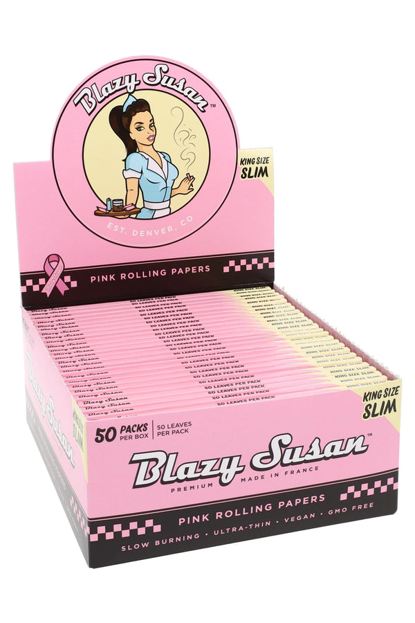 Blazy Susan King Size Slim Pink Rolling Papers, 50-count display, featuring pink packaging and thin, high-quality rolling papers.