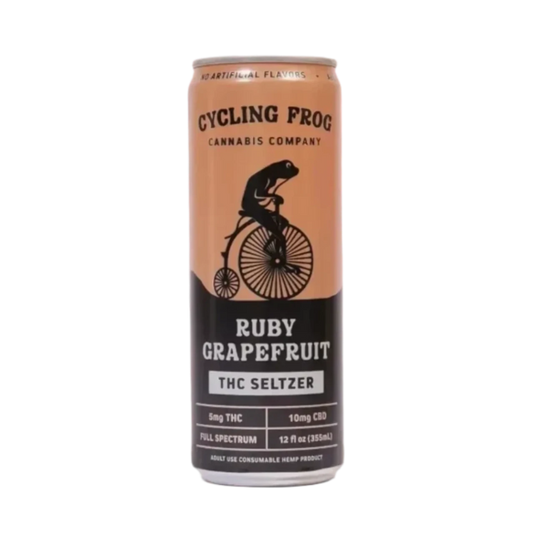 Cycling Frog Ruby Grapefruit THC seltzer pack from East Atlanta Village Smoke, Vape, and CBD with four sparkling cans on a table.