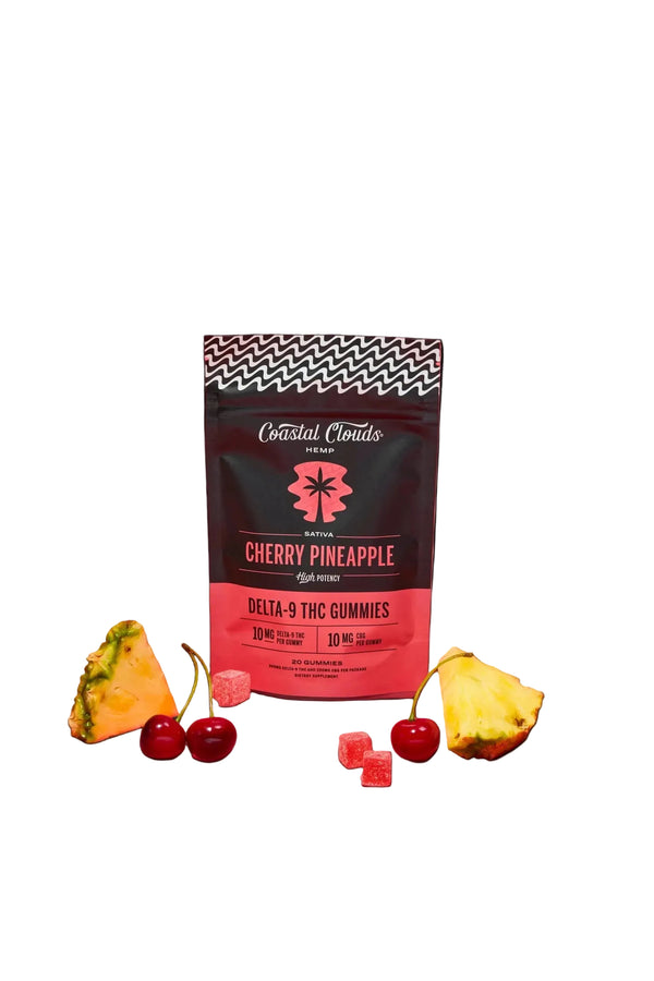 Coastal Clouds Cherry Pineapple vape juice 20-pack with colorful bottles showcasing cherry and pineapple flavors, by East Atlanta Village Smoke.
