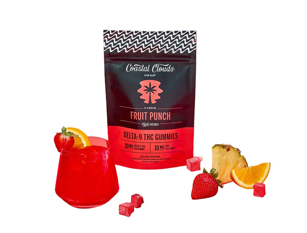 Coastal Clouds Fruit Punch flavor vape pods, 20-pack, by East Atlanta Village Smoke, Vape, and CBD. Bright packaging with fruit imagery.